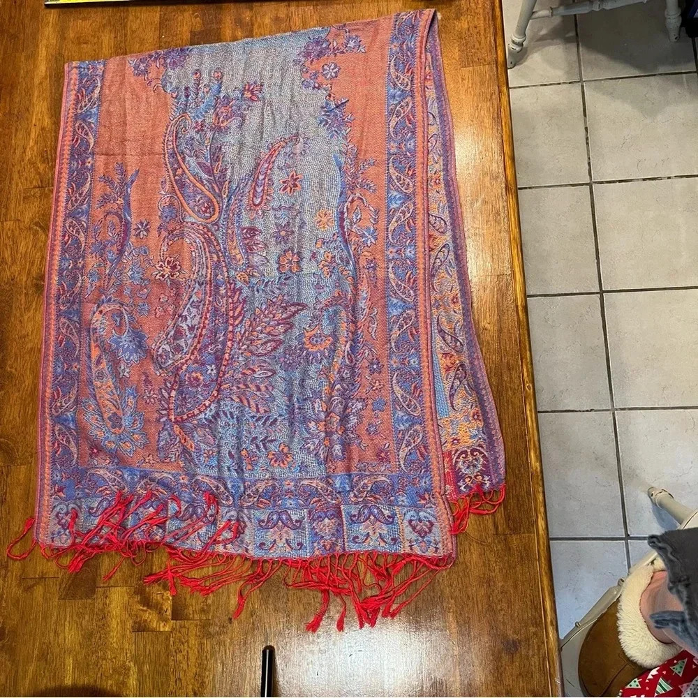 Pashmina Scarf 100% Cashmere purple red blue paisley beautiful - Picture 7 of 11
